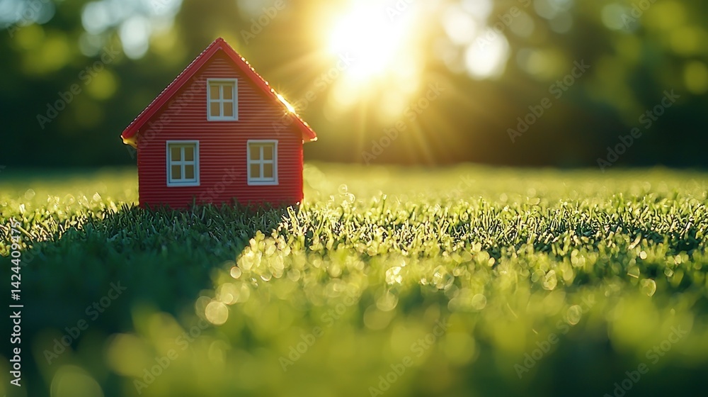 Miniature red house on green grass, bathed in sunlight