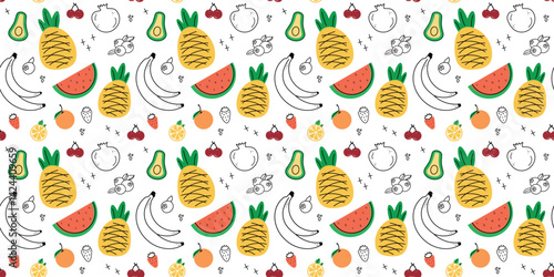 Seamless pattern with summer fruits. banana, lemon, watermelon, avacado, flat children's background with dessert, food. graphics for print, holidays, wallpaper, banner, surface texture, fabric. vector