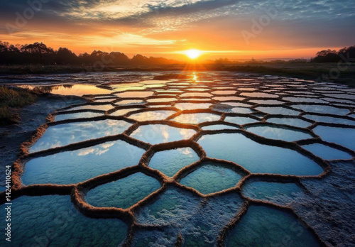 Stunning landscape featuring hexagonal patterns in water at sunset, reflecting vibrant colors