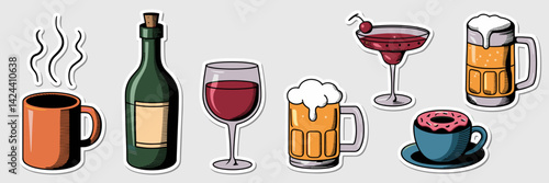 Collection of vector drink stickers with different drinks and accessories – Ideal for hospitality branding, beverage promotions, or fun digital products.