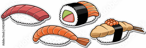 Vector sushi stickers featuring nigiri sushi, sushi rolls, tempura sushi, and gunkan-maki – Ideal for sushi restaurant promotions, food packaging, or culinary illustrations.