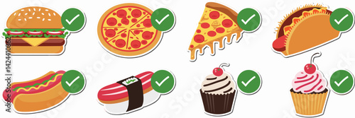 Set of food stickers: burger, pizza, taco, hot dog, sushi, and cupcake with green checkmark labels – Perfect for food-related products, promotions, or menus.