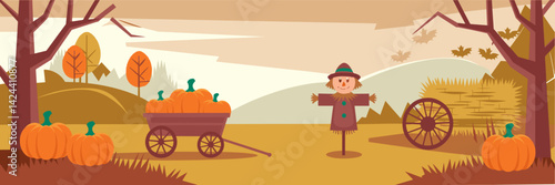 Rustic autumn vector illustration with pumpkin patch, wagon, and scarecrow – Ideal for autumn-themed designs, harvest celebrations, or farm-themed promotions.