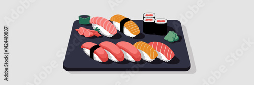 Sushi plate with nigiri, rolls, and sashimi with ginger and wasabi – Great for Japanese restaurant menus, food blogs, or sushi-themed marketing.
