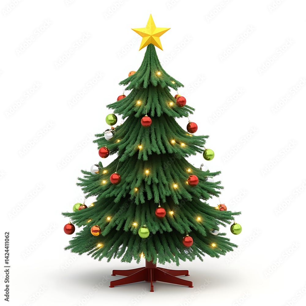 Decorated Christmas Tree with Lights and Ornaments on White Background Decorated Christmas Tree with Lights and Ornaments on White Background