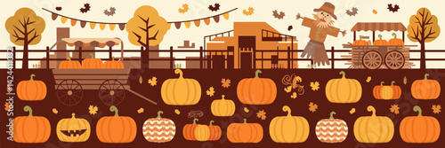 Rustic autumn flat vector illustration of pumpkin patch with wagon and scarecrow – Ideal for Halloween promotions, fall-themed content, or seasonal marketing.