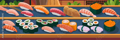 Illustration of a conveyor belt with various sushi dishes – Perfect for restaurant menus, sushi bar branding, or culinary illustrations.