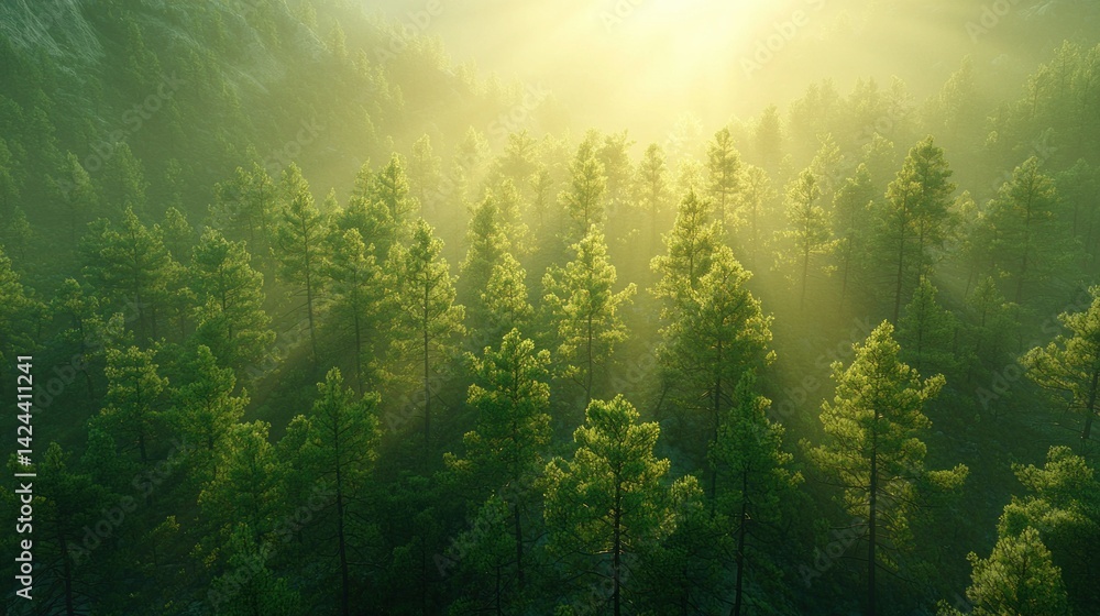 Misty morning in a pine forest