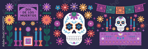 Dia de los Muertos vector illustration with sugar skull, marigold flowers, candles, and altar – Perfect for holiday promotions, cultural celebrations, or festive art.