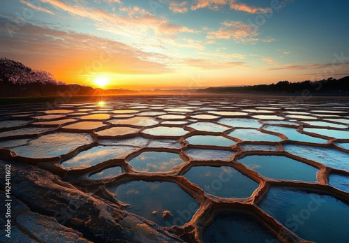 Stunning sunset over hexagonal salt flats reflecting vibrant sky and water