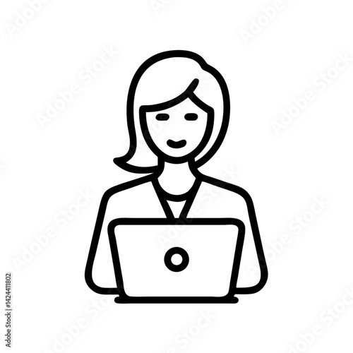 Businesswoman smiling while working on laptop, icon, vector