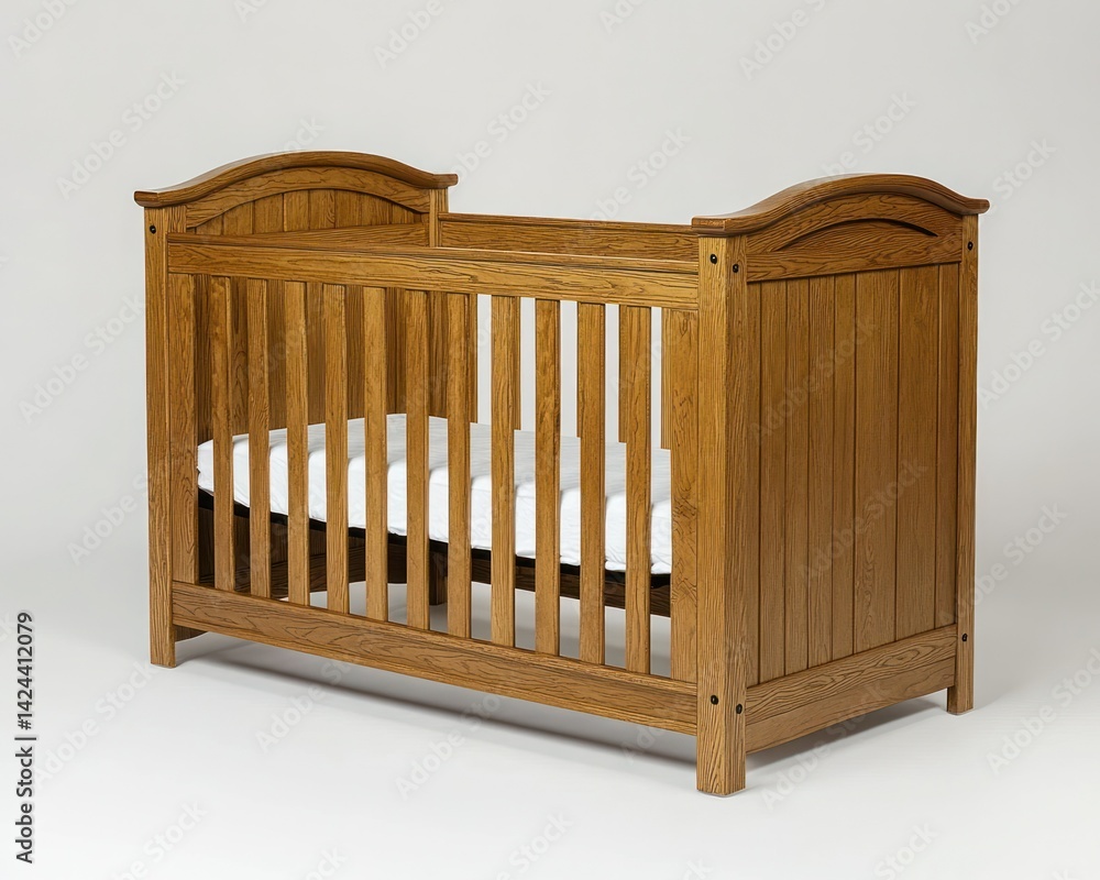 Wooden crib. Simple design, soft mattress, neutral color Wooden crib. Simple design, soft mattress, neutral color