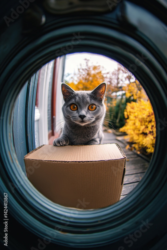 Cat curiously peeks through a small peephole at an autumn setting outside