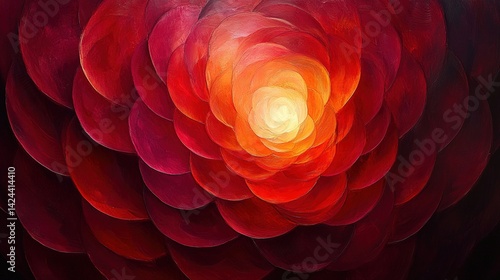 Abstract floral artwork, deep red and orange petals, glowing center