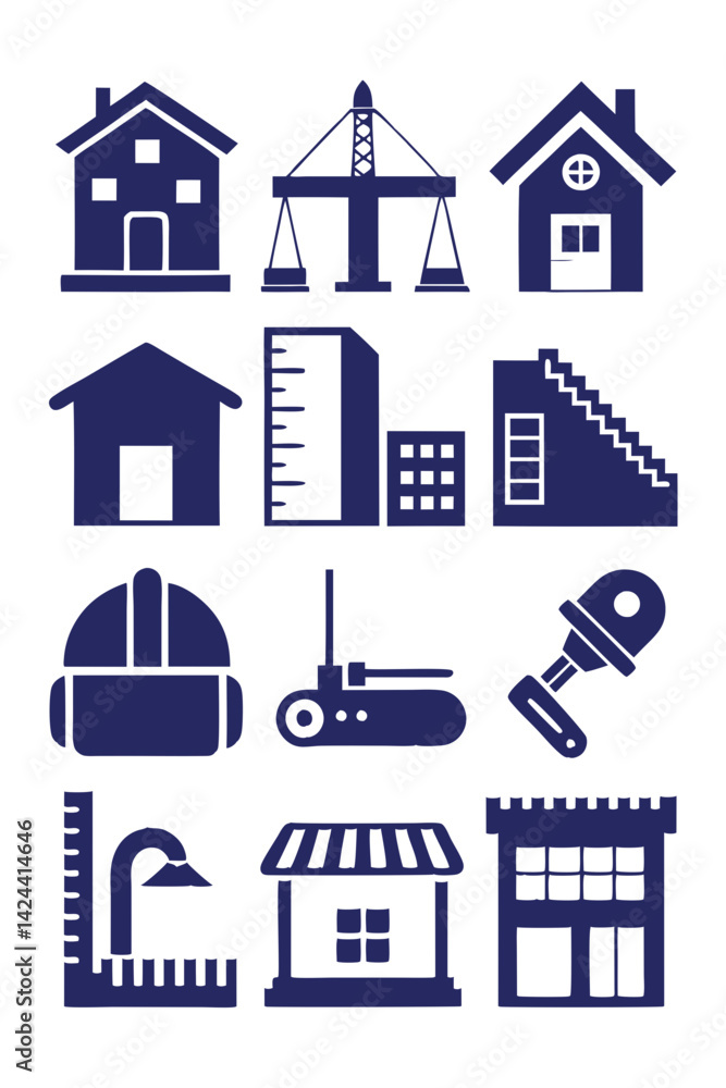 Blue Construction and Building Icons Vector Illustration Set Blue Construction and Building Icons Vector Illustration Set