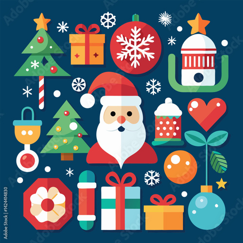 Flat Design Christmas Icons Collection Santa Gifts Trees