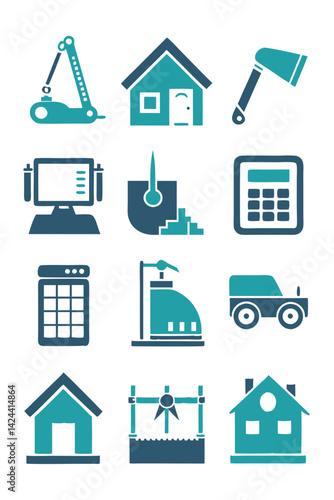 Construction and Business Icons in Teal and Blue