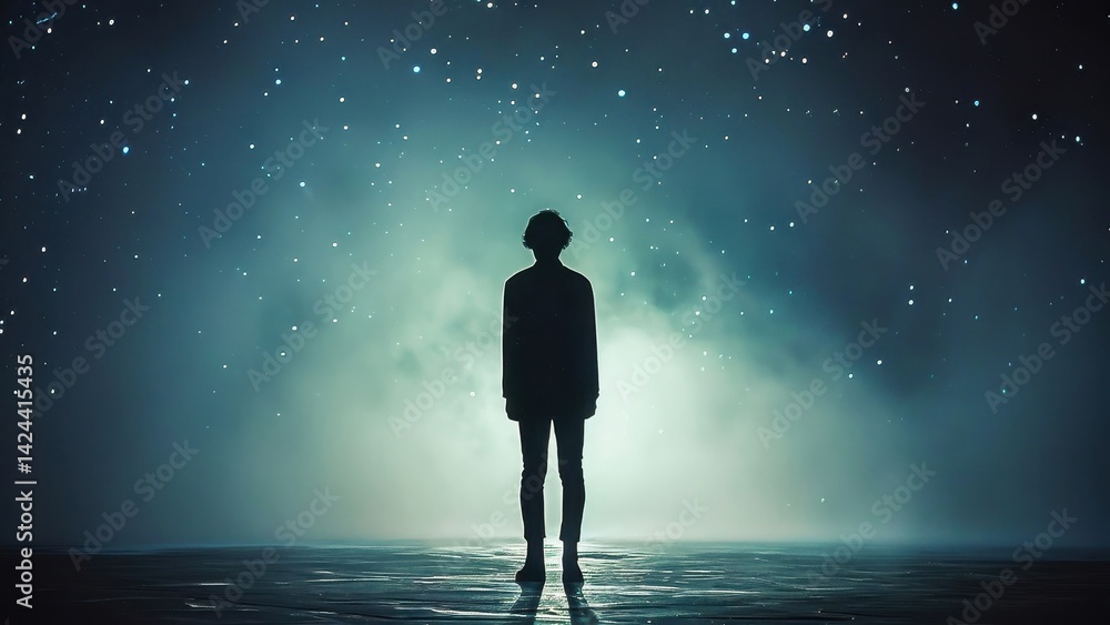 Fototapeta premium Silhouette of a person standing under a starry night sky, conveying a sense of wonder and exploration in the vast universe.