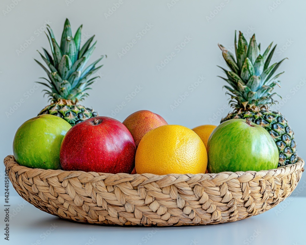 Woven basket with colorful fruits arranged inside Woven basket with colorful fruits arranged inside