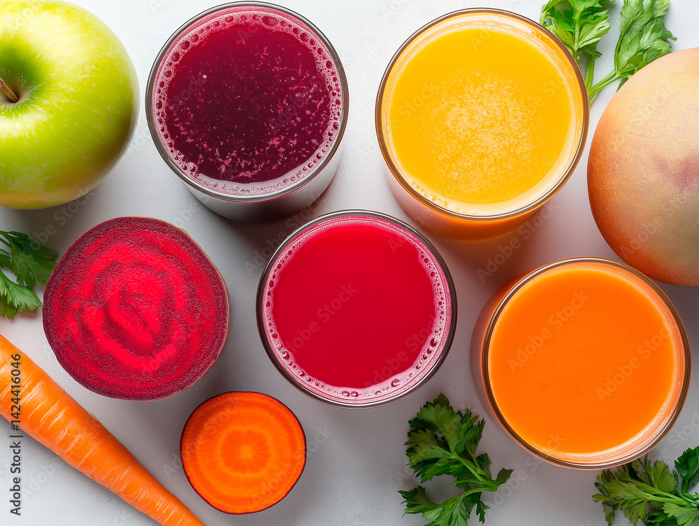 Vibrant assortment of fresh juices and fruits showcasing health and wellness benefits in a colorful arrangement healthy lifestyle concept Vibrant assortment of fresh juices and fruits showcasing health and wellness benefits in a colorful arrangement healthy lifestyle concept