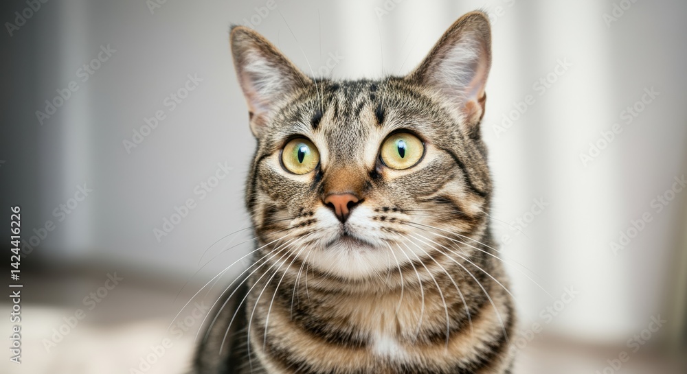 Close-up of a curious tabby cat with striking green eyes in natural light Close-up of a curious tabby cat with striking green eyes in natural light