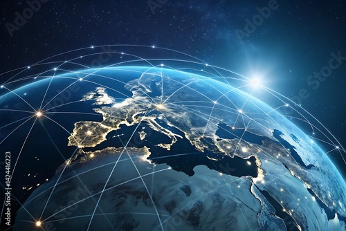 Global Network Connections over Europe and Africa at Night with City Lights and Stars