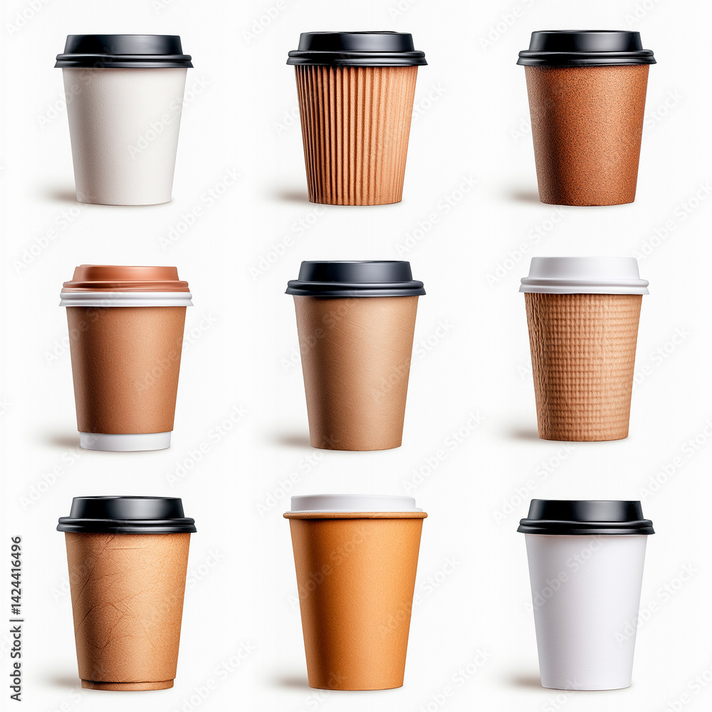 Variety of coffee cups showcasing different designs and materials for beverage enjoyment and sustainability concept Variety of coffee cups showcasing different designs and materials for beverage enjoyment and sustainability concept