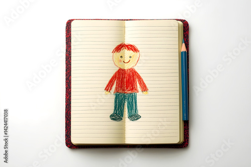 Childs crayon drawing of a smiling person on a lined notebook with colored pencils placed beside it. Copy space