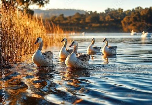 Gentle ducks swimming in serene lake at sunset, surrounded by golden reeds