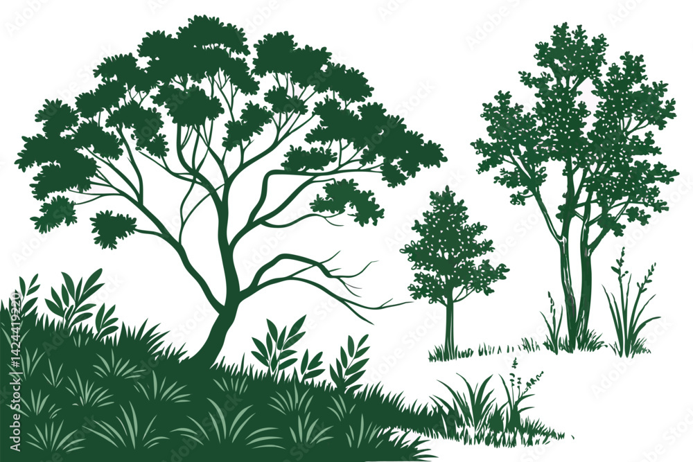 Obraz premium 23 Lush green foliage, realistic bush illustrations, varied shrub shapes, detailed vegetation render, isolated plant clusters, vibrant leaf textures, botanical art, white background, digital landscape