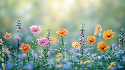 Dreamy flower meadow with pink, orange, and yellow cosmos flower