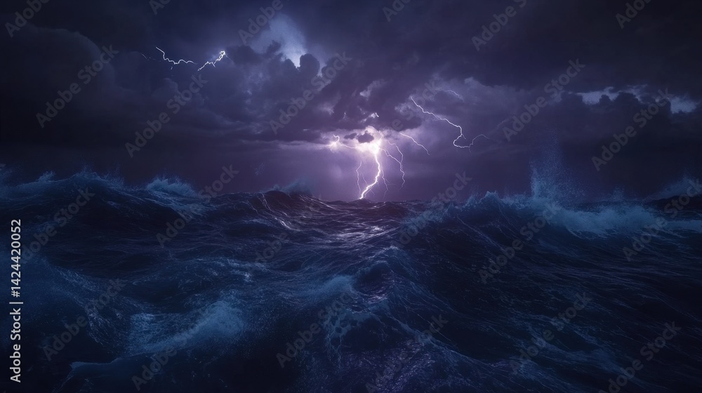 Fototapeta premium Lightning strikes raging ocean waves during powerful storm at night