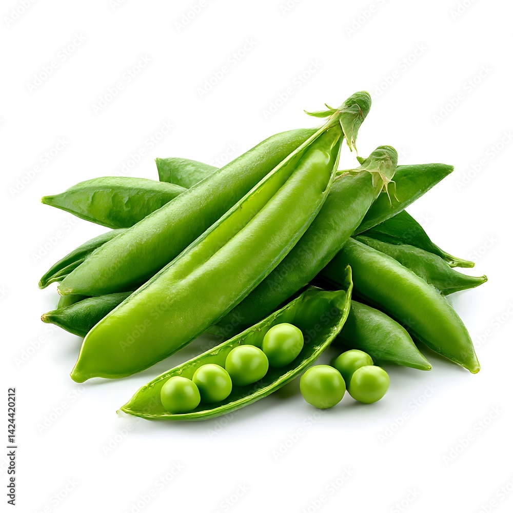 A close-up shot of fresh green peas and pea pods isolated on a white background A close-up shot of fresh green peas and pea pods isolated on a white background