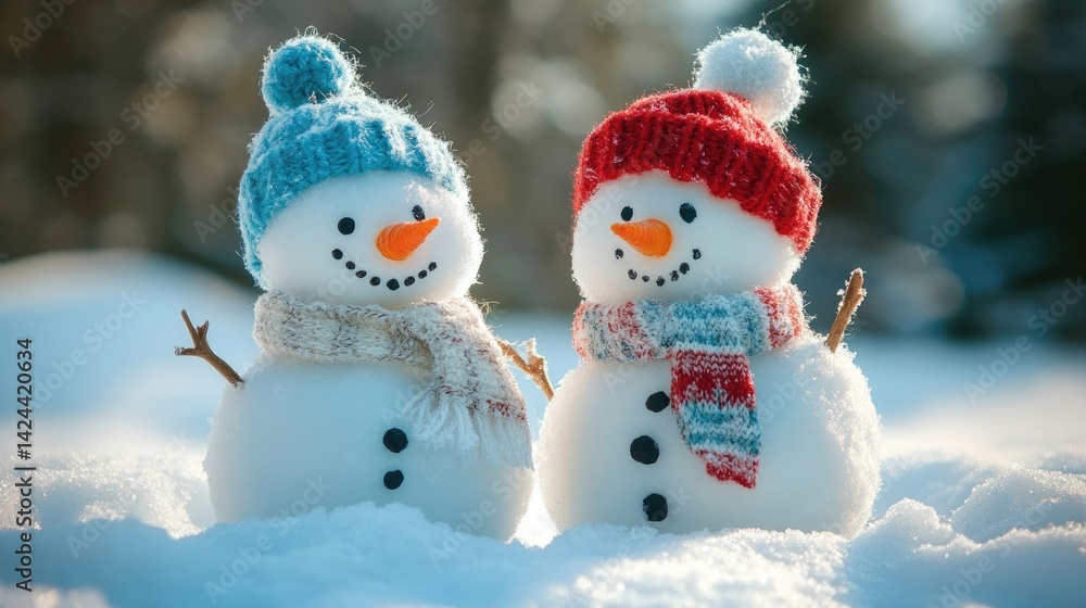 Two little snowmen in knitted caps and scarves on snow in winter Two little snowmen in knitted caps and scarves on snow in winter