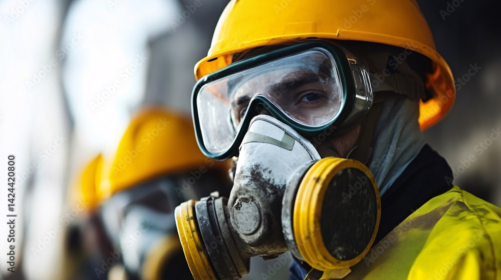 Naklejka premium Construction worker wearing gas mask and goggles at work