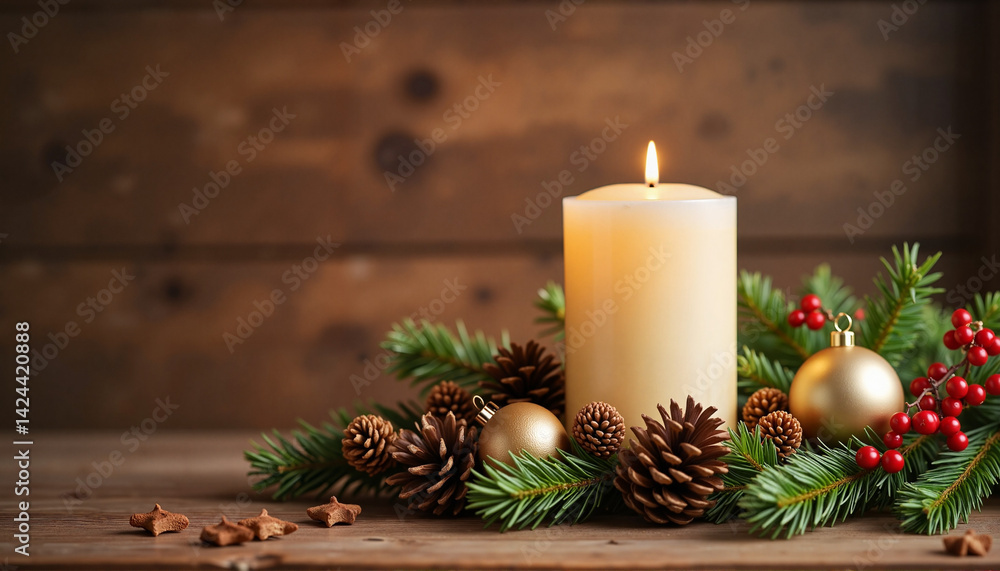 Christmas candle arrangement with pinecones and greenery Christmas candle arrangement with pinecones and greenery
