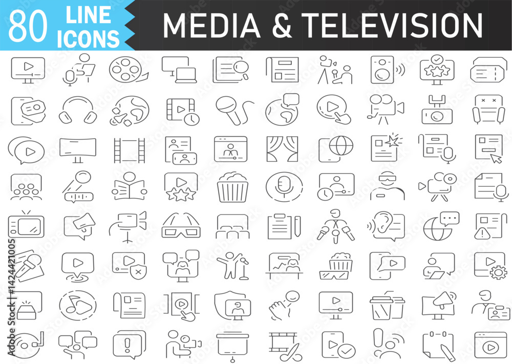 Media and Television Line Icons Set — Flat UI Collection with Thin Outline Style for Broadcasting, Streaming, and Entertainment | Vector EPS10 Media and Television Line Icons Set — Flat UI Collection with Thin Outline Style for Broadcasting, Streaming, and Entertainment | Vector EPS10
