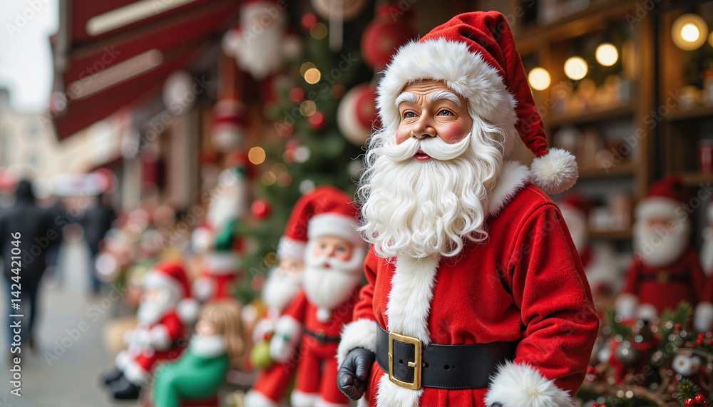 Santa Claus smiling in front of a festive holiday backdrop Santa Claus smiling in front of a festive holiday backdrop