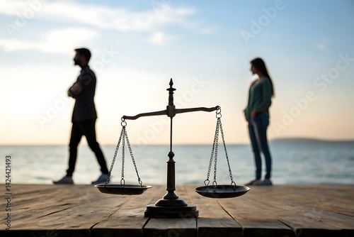 Antique Scales with Couple Walking Apart Silhouettes on Pier at Sunset Justice Concept