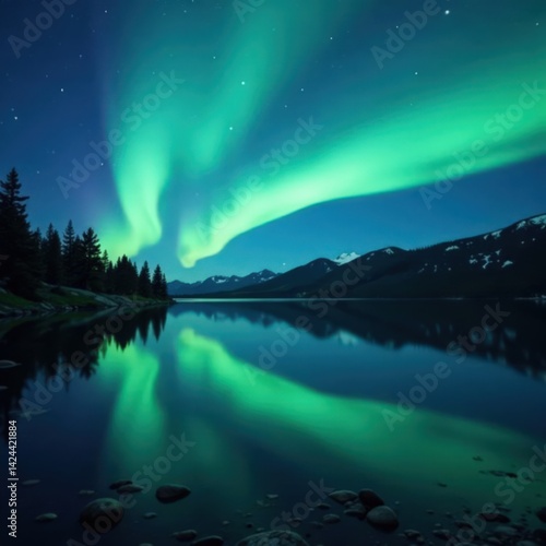 Wallpaper Mural Softly glowing aurora borealis in the night sky above a tranquil lake, aurora, serenity, reflection Torontodigital.ca