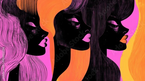 Stylish women's silhouettes in vibrant colors;  profile view, abstract hair