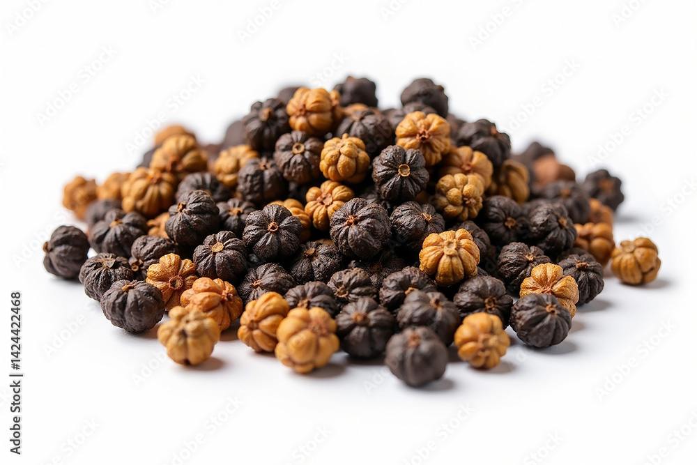 A captivating mound of dark and light brown dried flower buds, a testament to nature's artistry and subtle color contrasts against a pure white backdrop. A captivating mound of dark and light brown dried flower buds, a testament to nature's artistry and subtle color contrasts against a pure white backdrop.