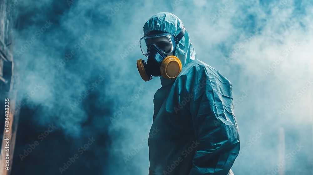 Obraz premium Scientist wearing full protective gear standing in smoke studying situation