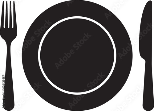 Elegant Dinnerware Illustration Plate Knife And Fork Minimalist Black And White Design