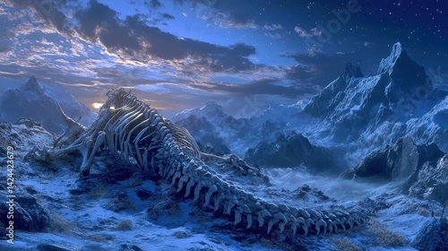 Fototapeta Naklejka Na Ścianę i Meble -  A colossal dinosaur skeleton rests atop a snow-capped mountain range at twilight.