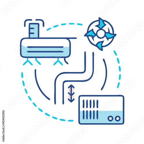 HVAC system diagram: water chiller, piping, airflow illustration
