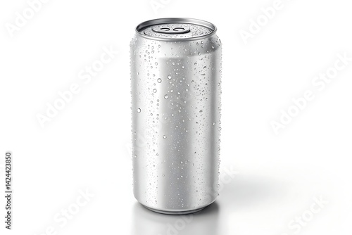 Silver Aluminum Can Mockup, Water Droplets, Cold Refreshment, Metallic, Isolated, Clean