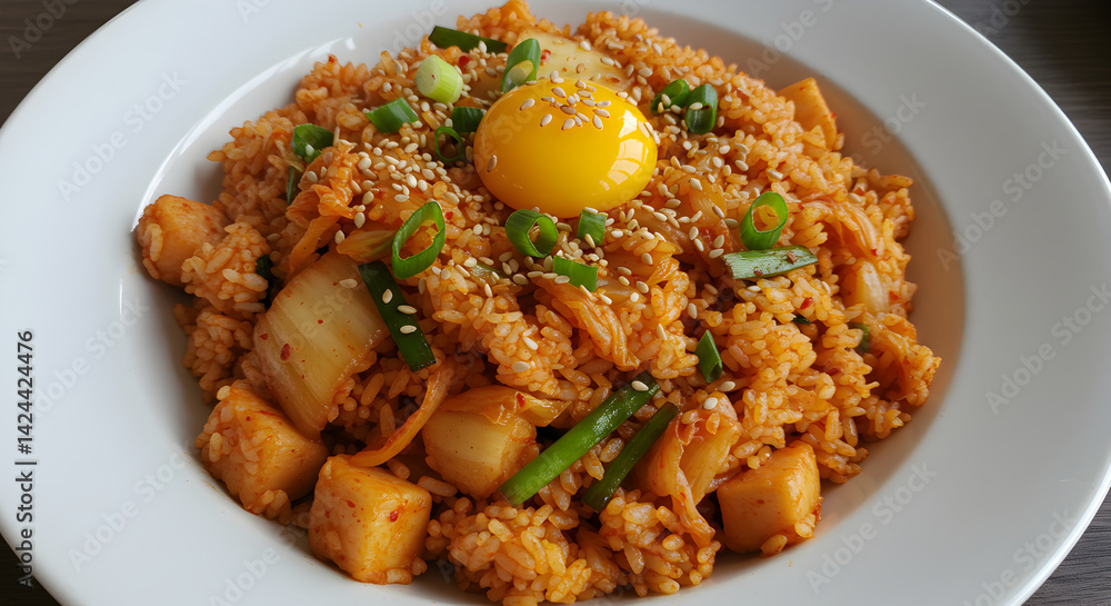 Authentic Kimchi Fried Rice With Egg And Sesame Seeds Close Up Shot Authentic Kimchi Fried Rice With Egg And Sesame Seeds Close Up Shot