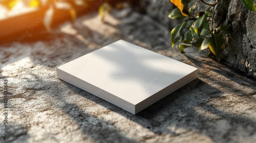 Blank Square Product Display Mockup on Rustic Stone Surface with Greenery Blank Square Product Display Mockup on Rustic Stone Surface with Greenery