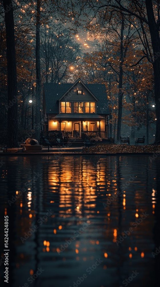 Fototapeta premium Lake House at Dusk with Glowing Lights Reflected in Water